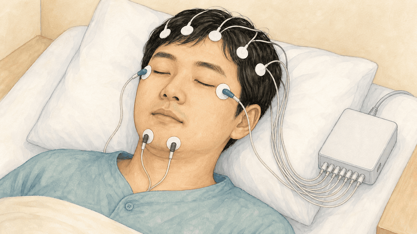 수면다원검사 중인 성인의 두피와 양쪽 눈가, 턱에 뇌파와 안전도 및 턱 근전도 센서를 정확히 붙인 2D 일러스트