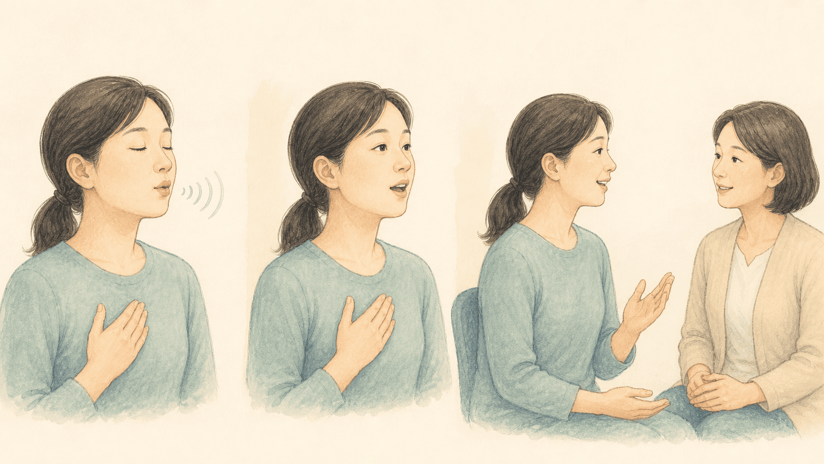 허밍의 앞쪽 구강 진동 감각을 말과 대화로 옮기는 치료 그림