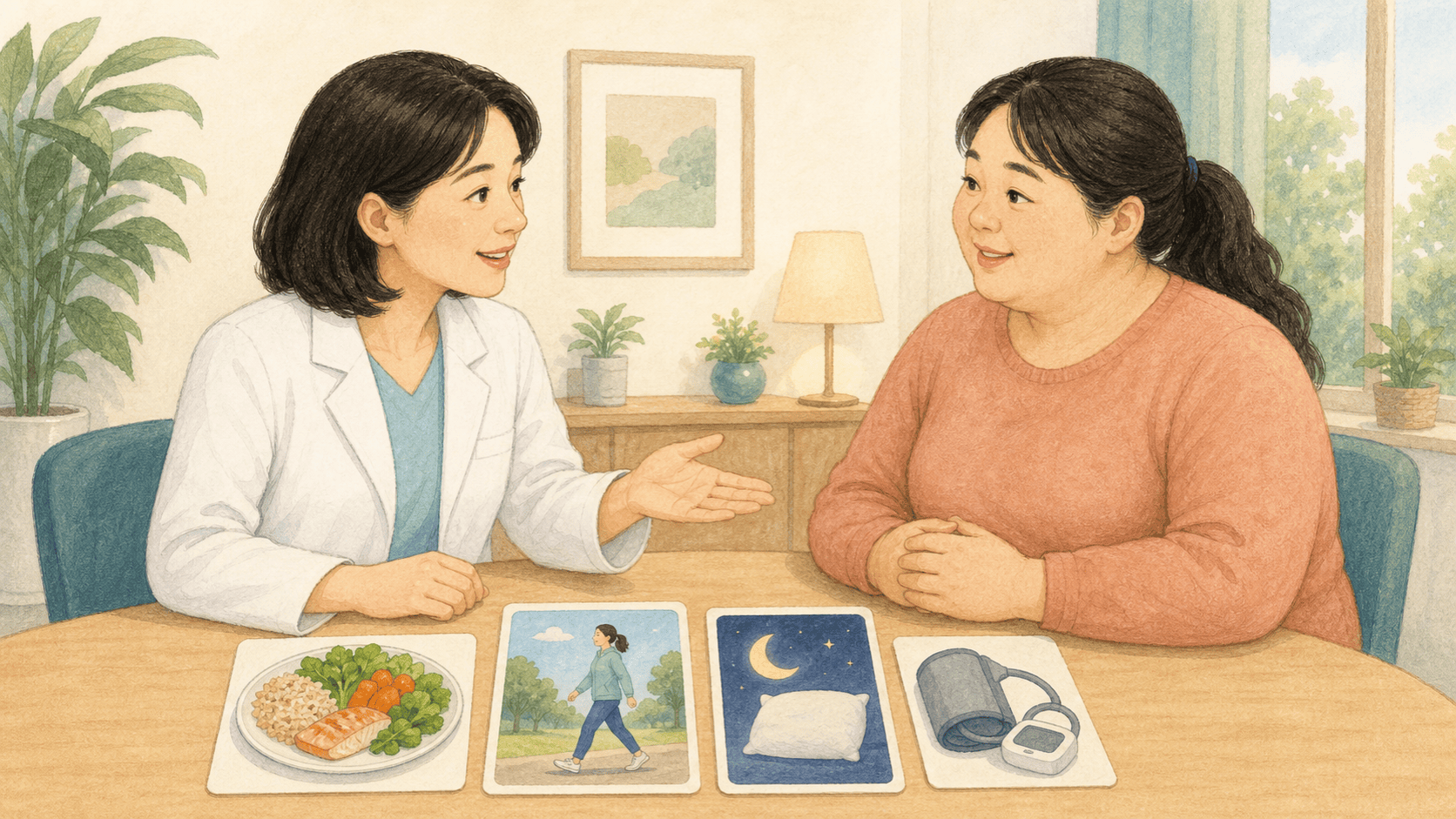 의료진이 체형을 평가하지 않고 생활 습관과 혈압 및 혈당 같은 건강 자료를 함께 살피는 상담 장면