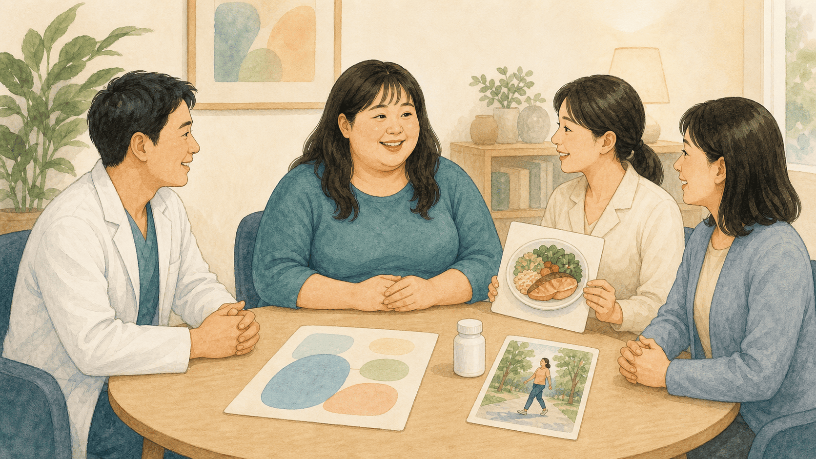 성인과 외과 의료진 및 영양과 정신건강 전문가가 같은 눈높이에서 수술을 상담하는 모습