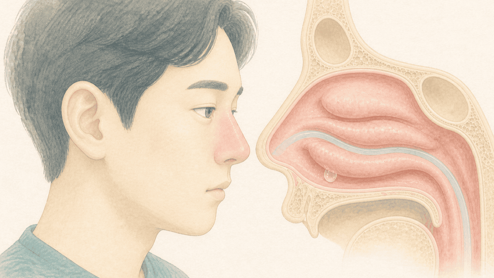 코막힘이 있는 환자의 옆얼굴에 부은 코 점막과 좁아진 비강을 겹쳐 보여주는 비염 일러스트