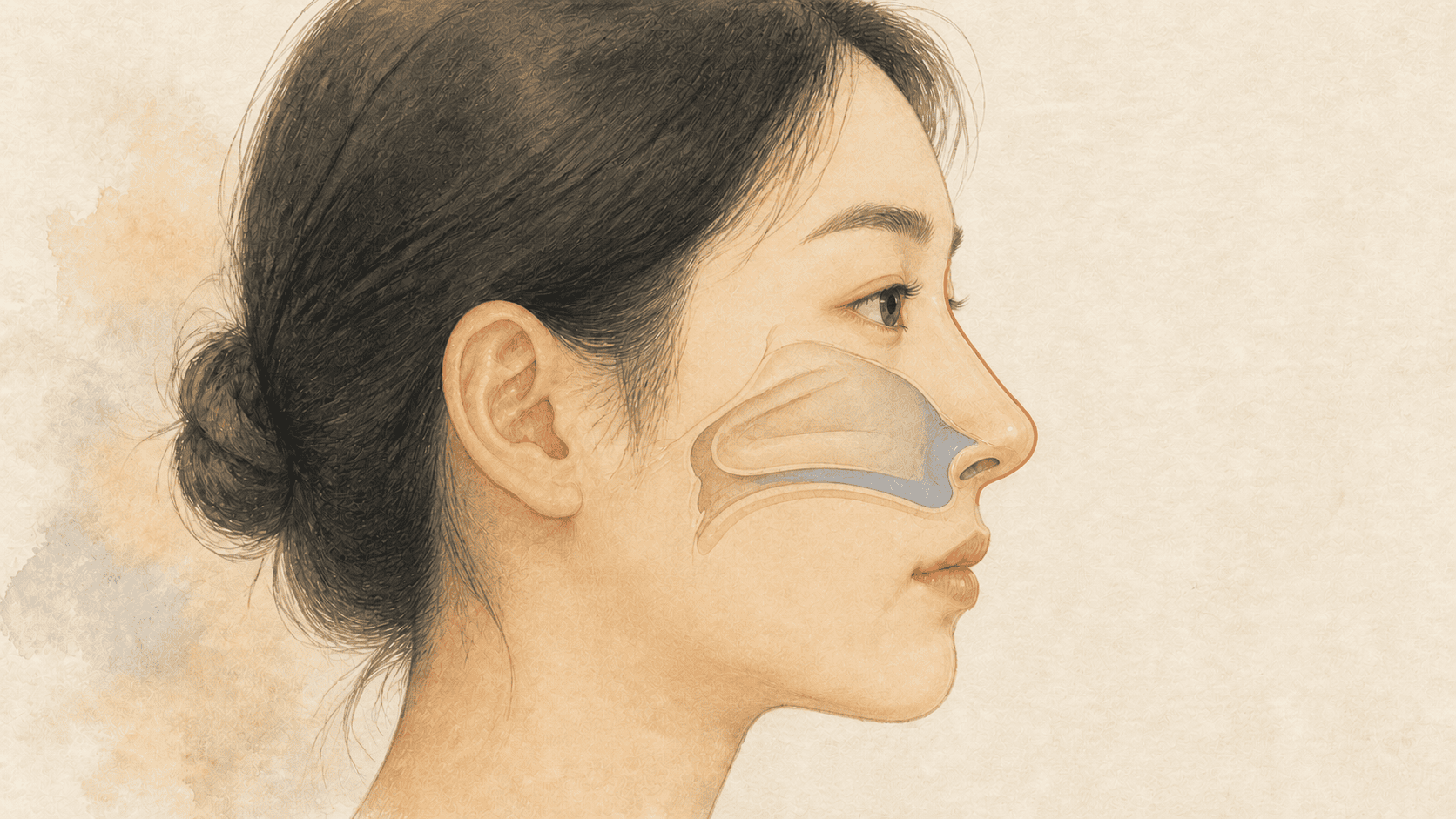 코의 바깥 형태와 코 안 공기 통로를 함께 보여 주는 비성형술 개념 그림