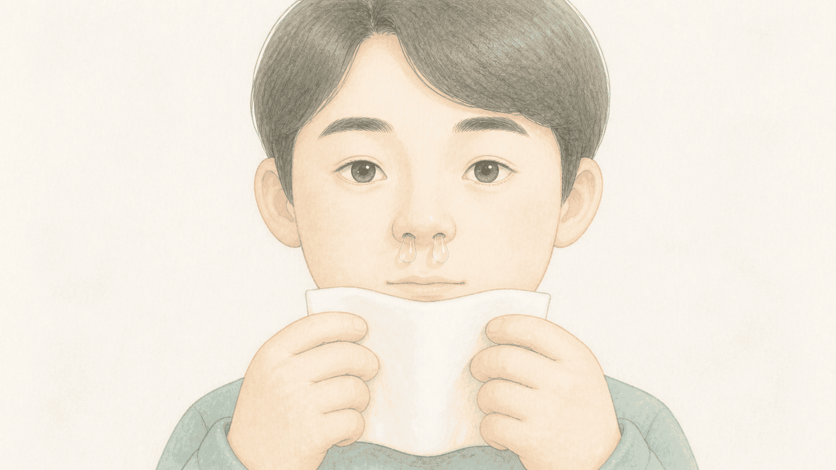 양쪽 콧구멍 아래에 티슈를 받치고 맑은 콧물을 닦으려는 사람