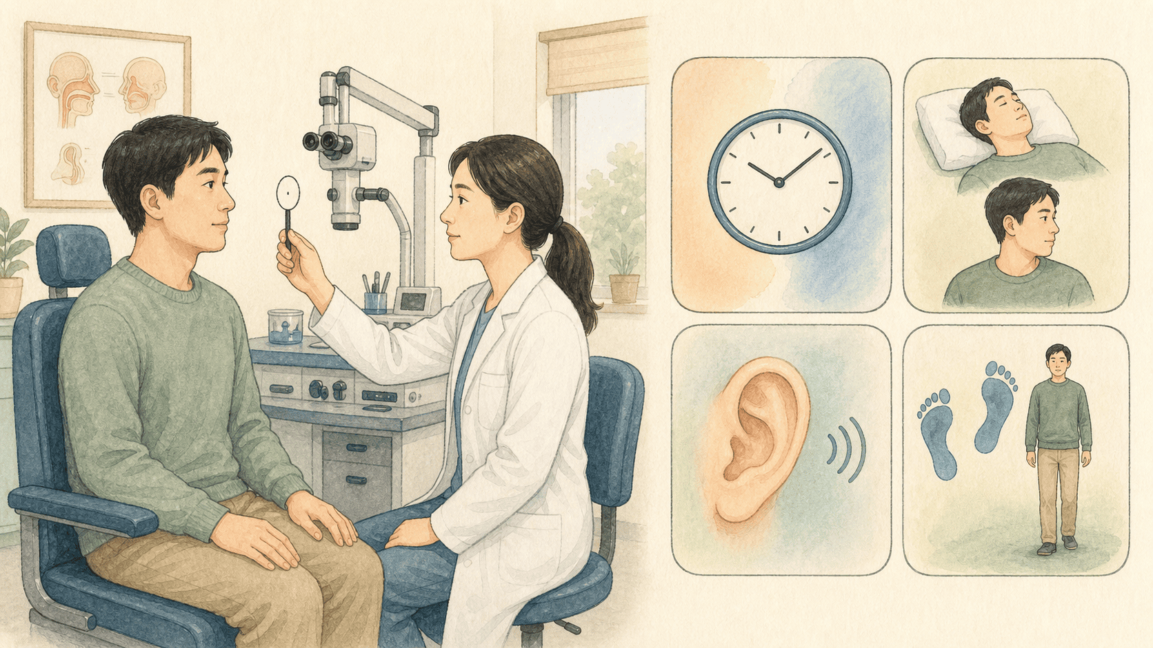 환자와 의료진이 눈 움직임, 시작과 지속 양상, 유발 자세, 청각 증상과 보행을 확인하는 2D 일러스트