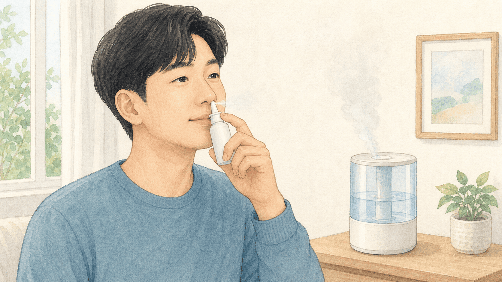 식염수 분무와 깨끗한 실내 가습기로 코 건조를 관리하는 장면