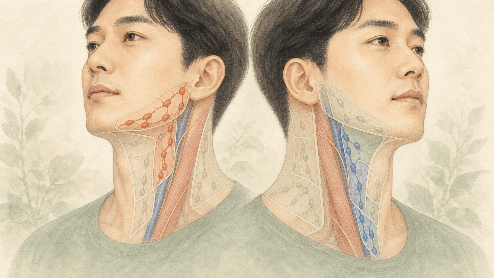 목 림프절 가운데 원발암의 전이 위험에 맞춰 일부 구역을 선택하는 그림
