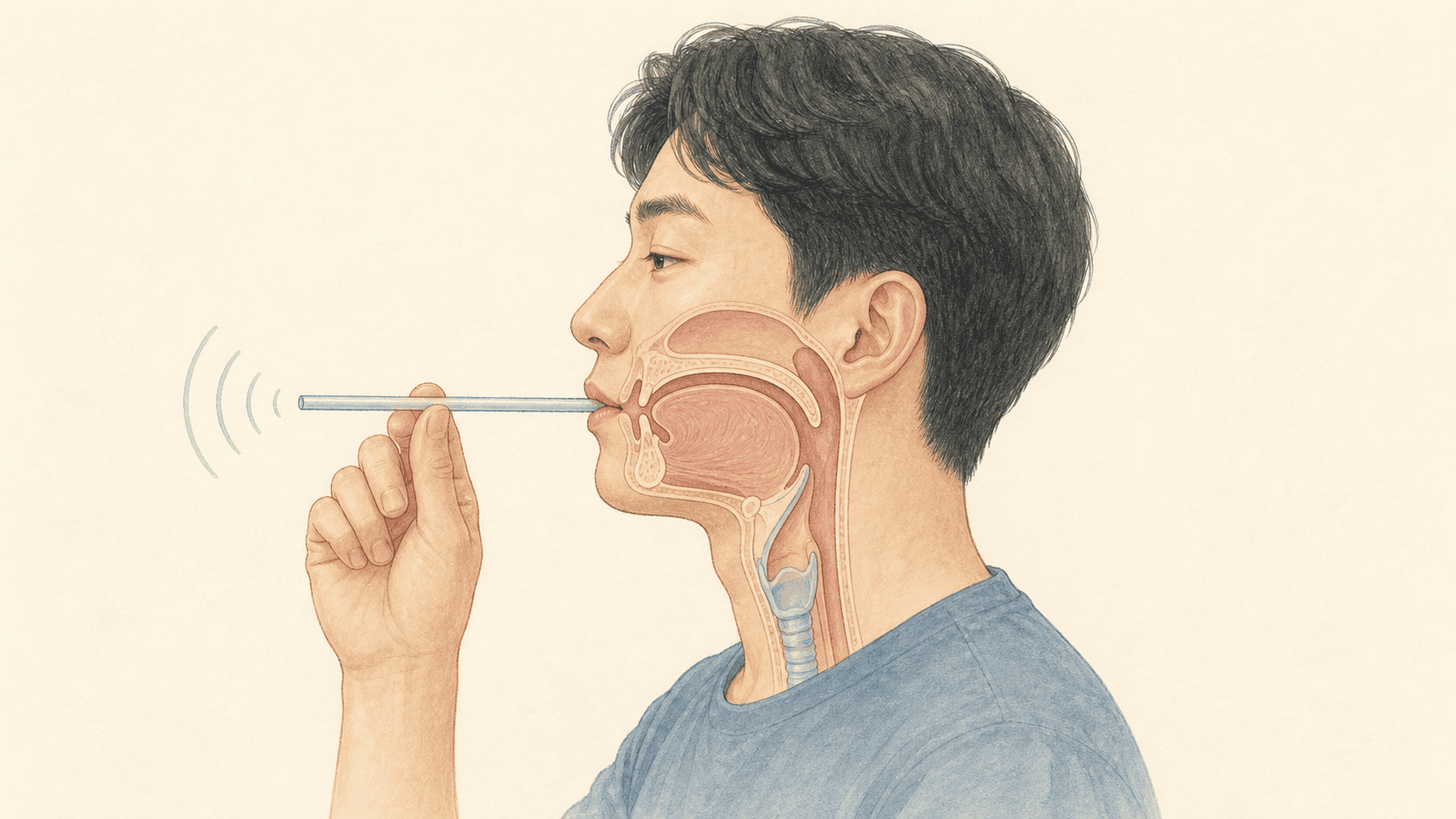 빨대 통로를 지나며 부드럽게 소리를 내는 반폐쇄성도훈련 그림