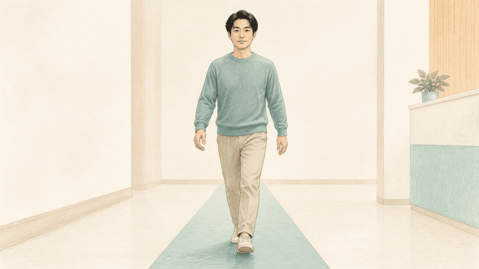 진료실 보행로를 따라 발을 맞춰 안정적으로 걷는 성인