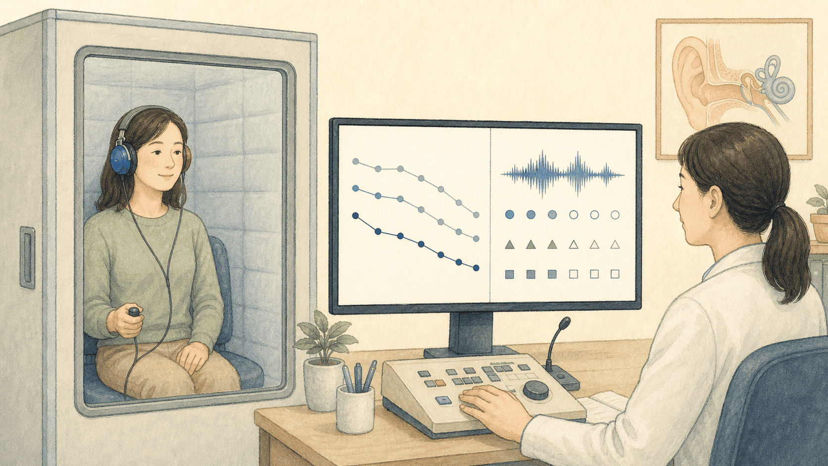 헤드폰 검사와 말소리 이해를 함께 확인하는 2D 일러스트