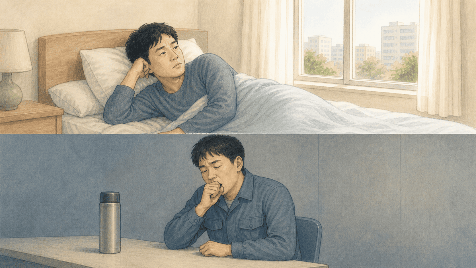 낮에 잠들지 못하는 장면과 근무 중 졸린 장면을 함께 보여주는 그림