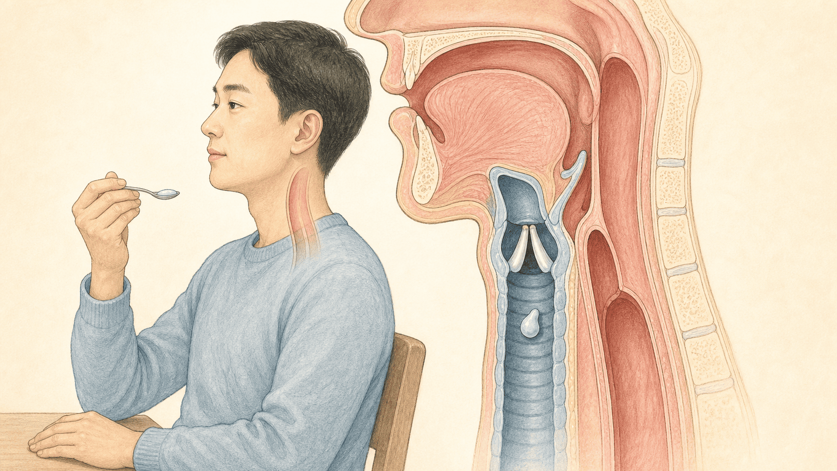 기침 없이 기도로 들어간 음식물