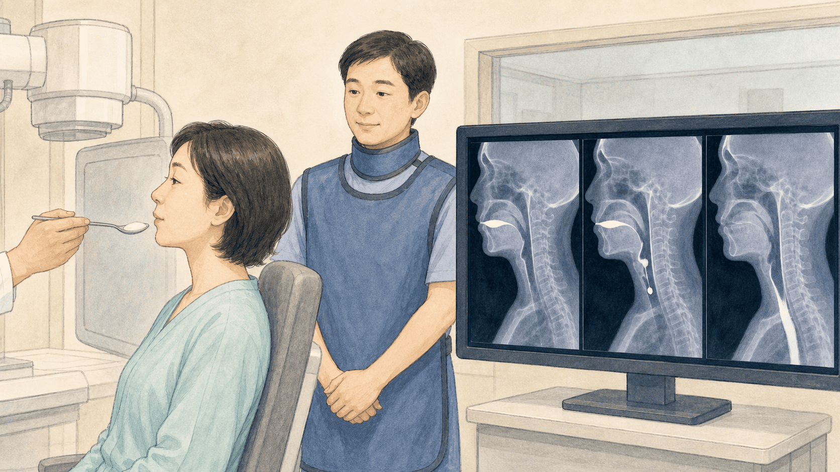 소량의 시험 음식을 삼키며 VFSS를 받는 모습