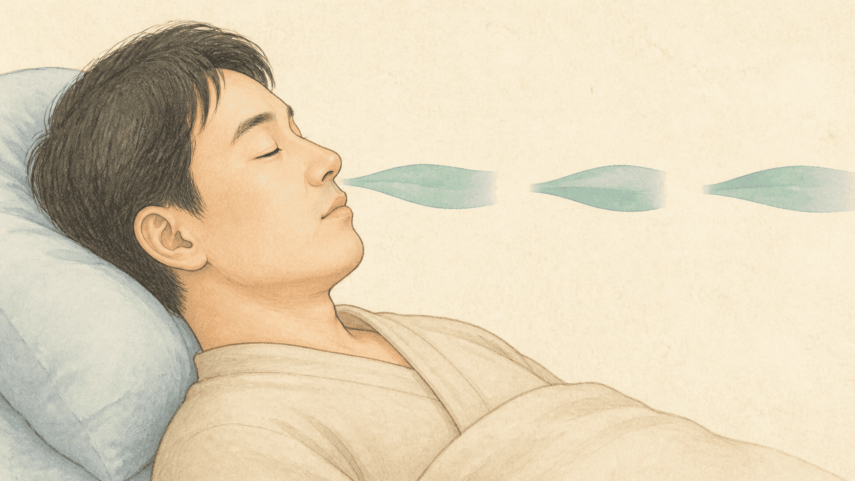 잠든 사람의 코앞 공기 흐름이 반복해서 끊겼다가 다시 이어지는 수면무호흡증 2D 의료 일러스트