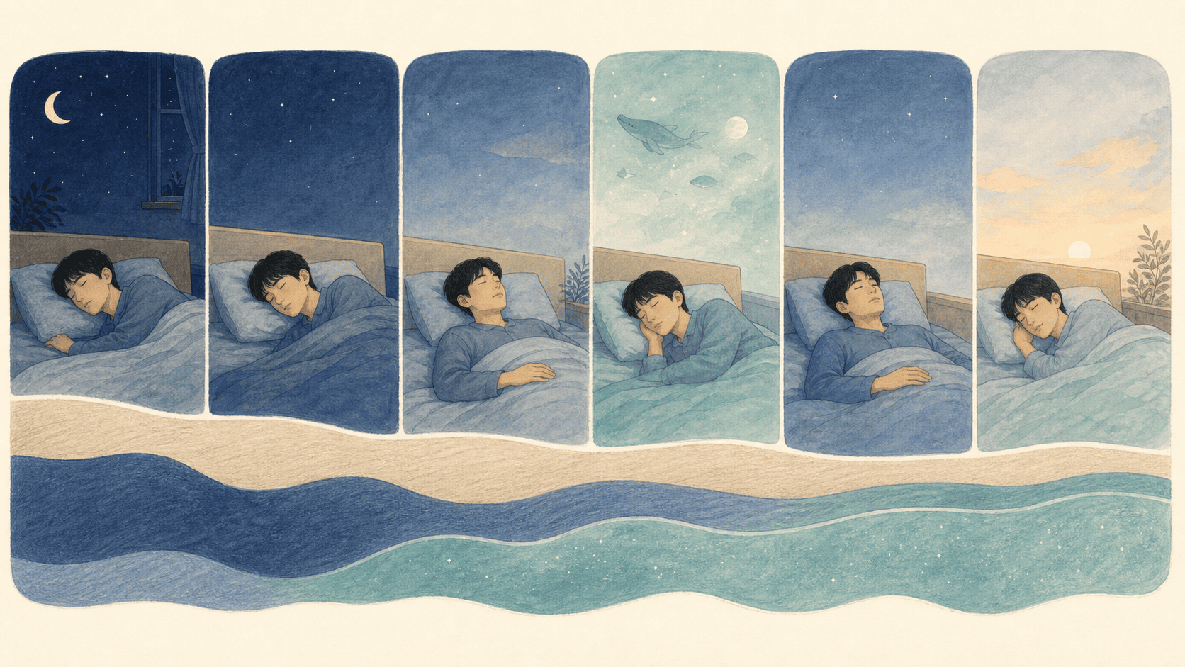한밤중 비렘수면과 렘수면이 여러 차례 이어지는 흐름