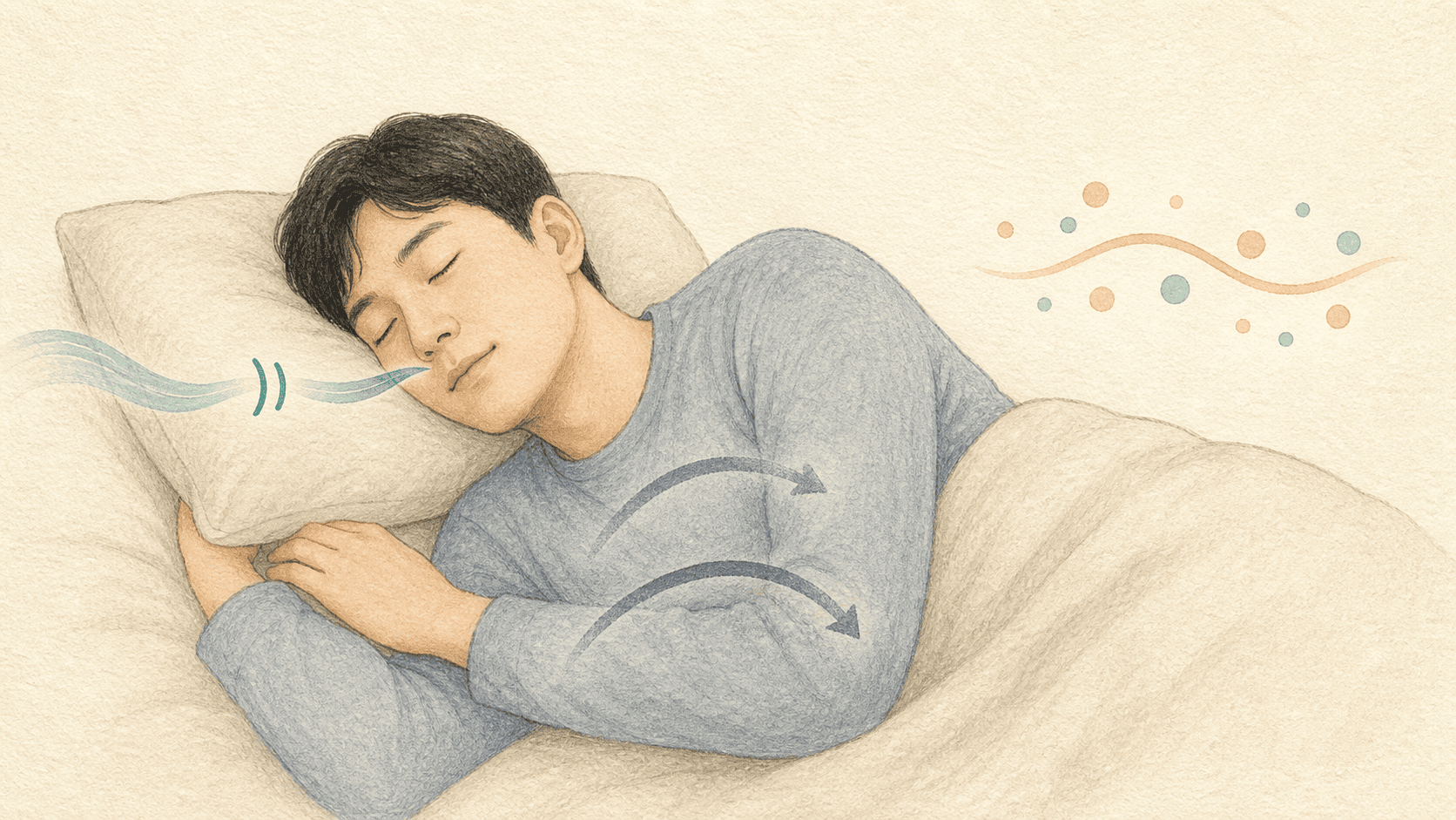 잠든 사람 주변에 코와 입의 기류, 가슴과 배의 호흡 움직임, 산소 변화를 나타내는 세 신호를 함께 그린 수면호흡장애 2D 의료 일러스트