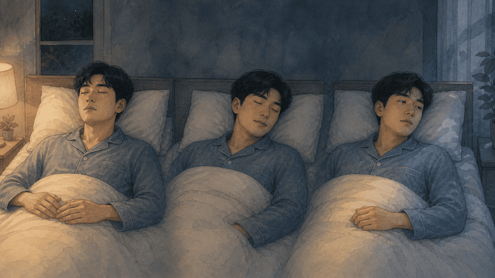 침대에 누운 밤 동안 잠들기 전과 실제 수면 및 밤중에 깬 구간을 세 장면으로 보여 주는 2D 일러스트