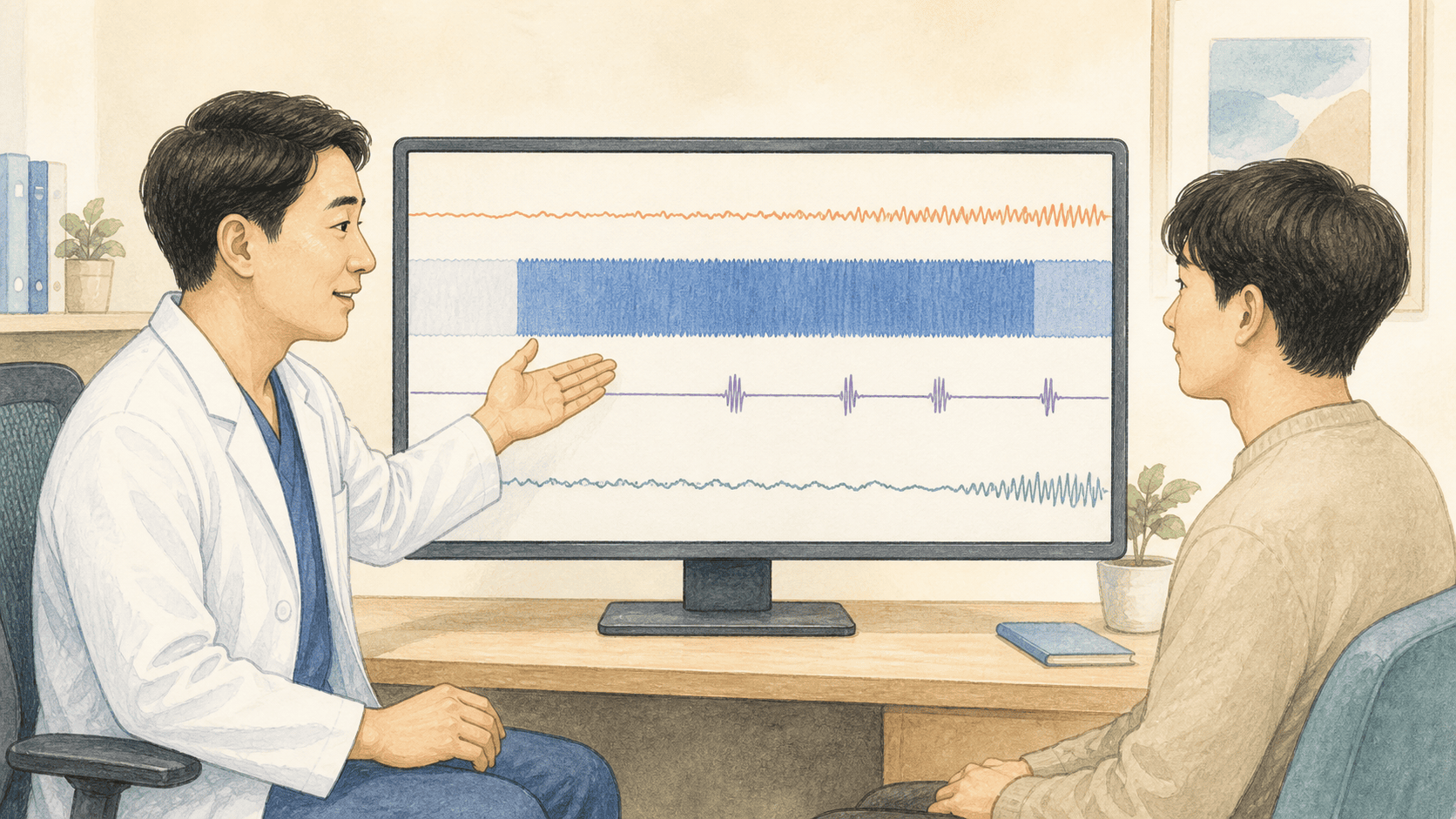 의사와 환자가 총수면시간과 입면 지연 및 밤중 깸을 여러 무문자 기록으로 함께 검토하는 2D 일러스트