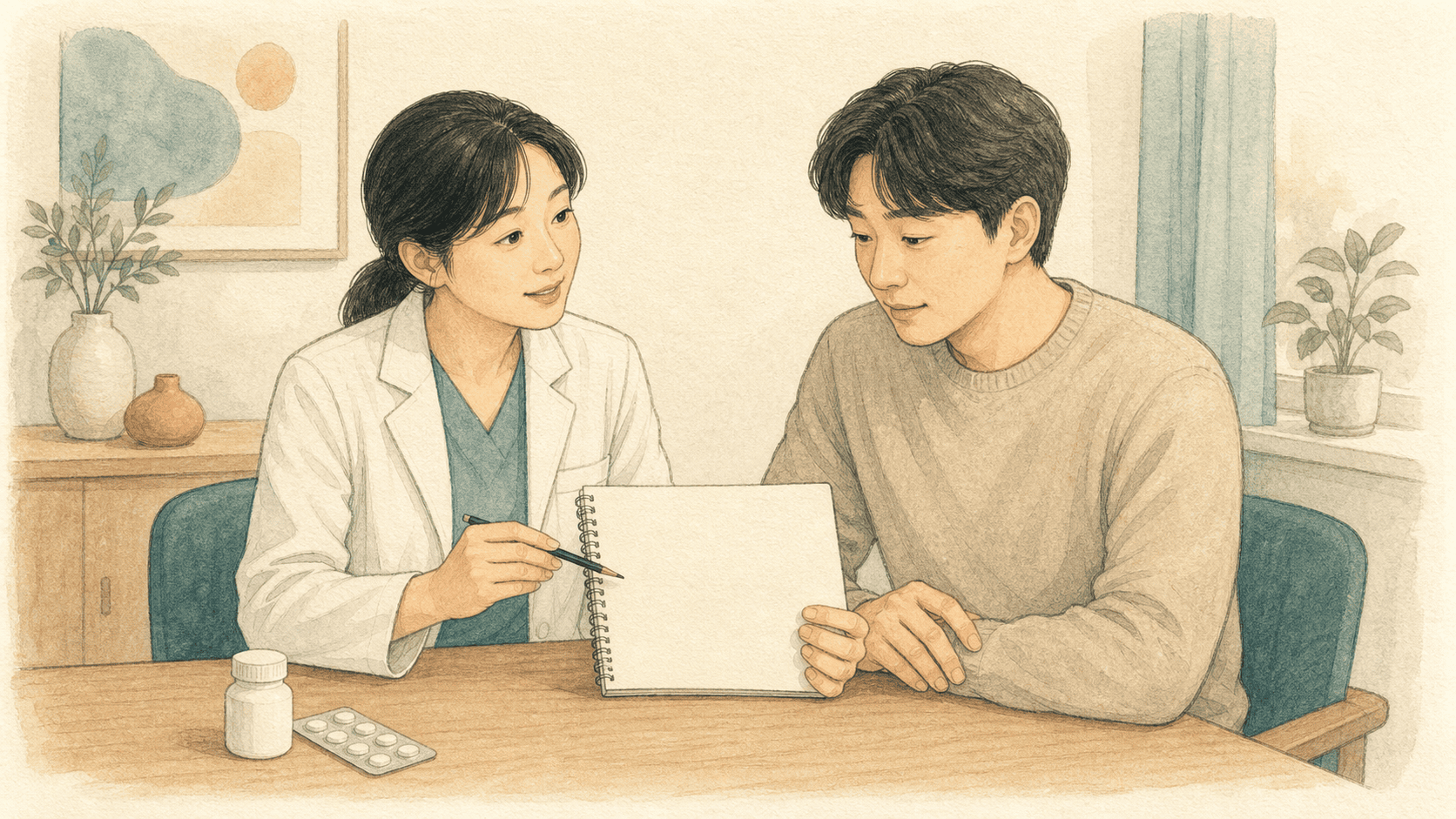 수면 기록과 복용약을 함께 확인하는 진료 장면