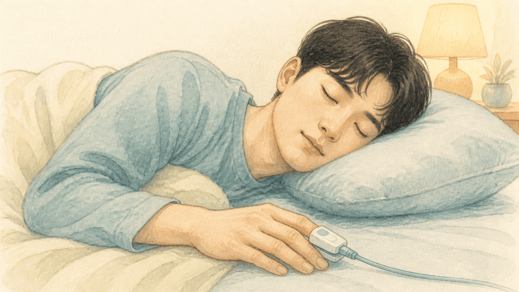 잠든 사람의 손가락 센서와 단순한 산소포화도 기록선을 보여 주는 그림
