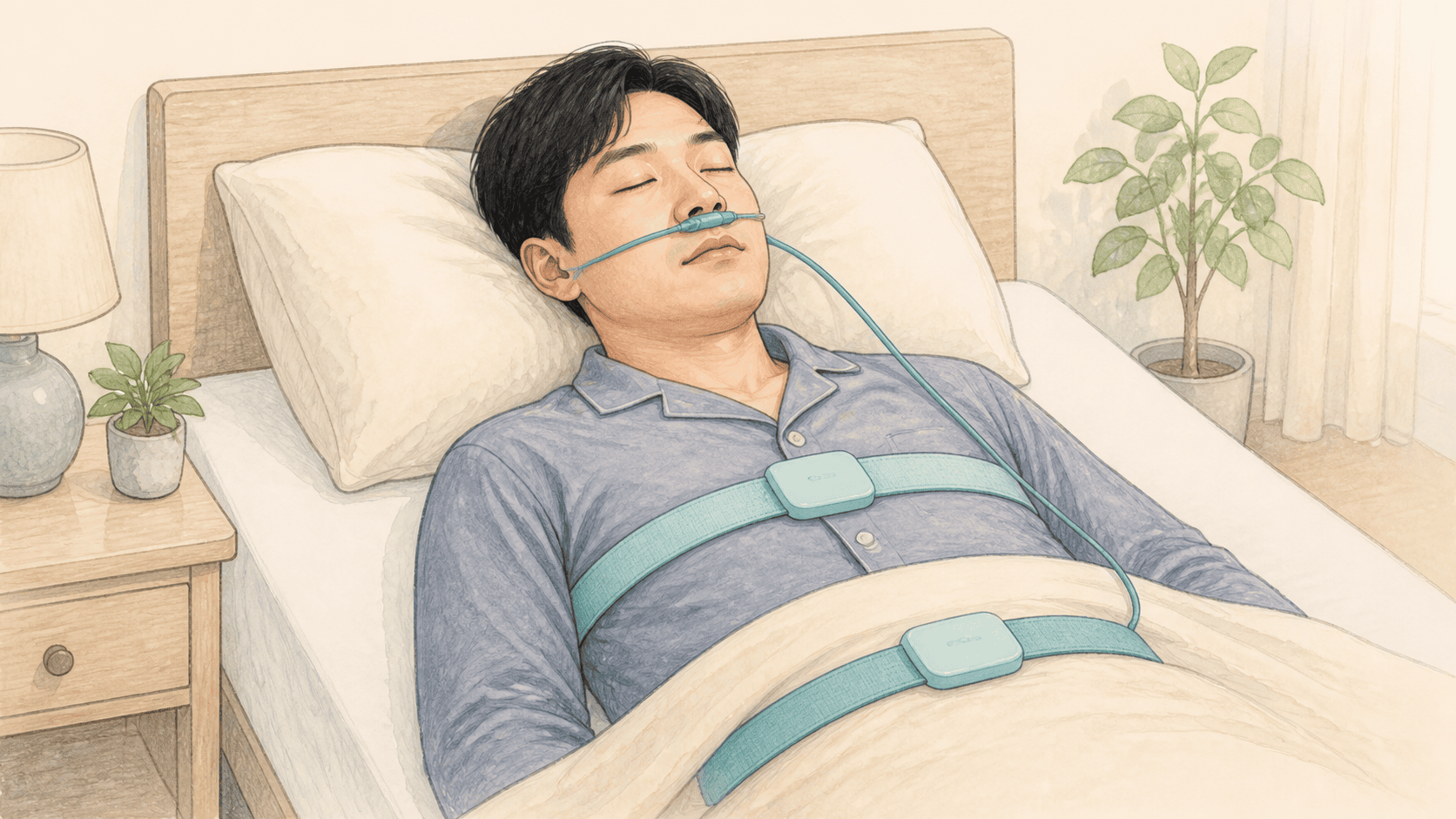 코 아래 기류 센서와 가슴과 배 호흡 벨트를 보여주는 그림