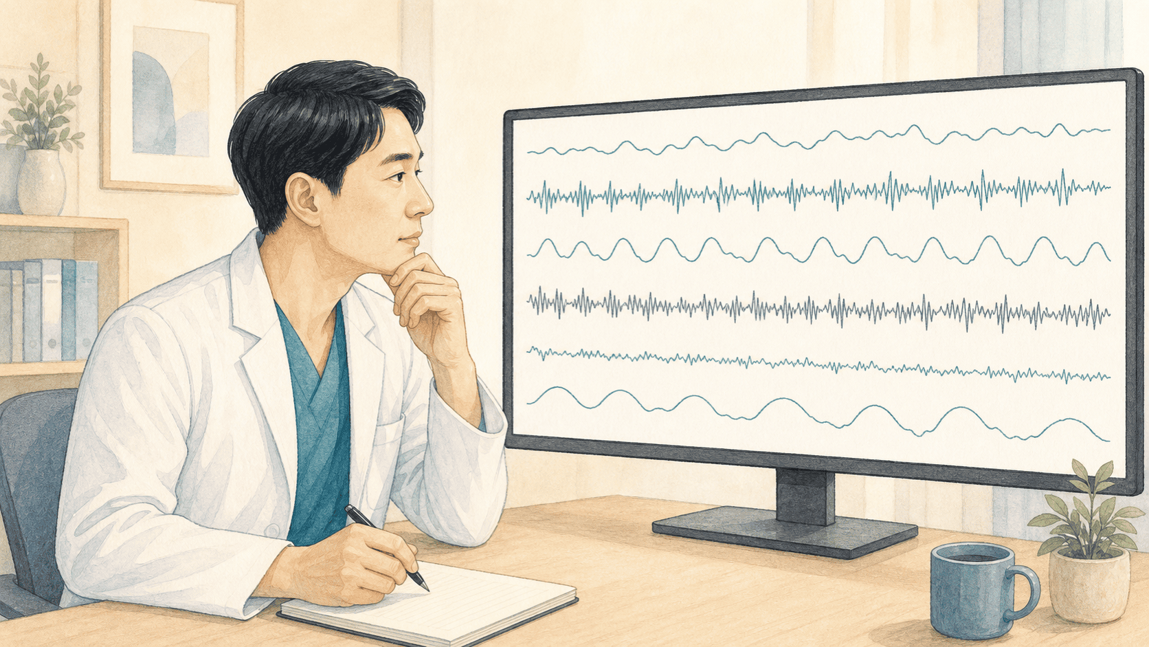 수면전문가가 뇌파와 눈 움직임, 턱 근전도의 무문자 기록선을 함께 보며 수면 단계를 판독하는 2D 일러스트