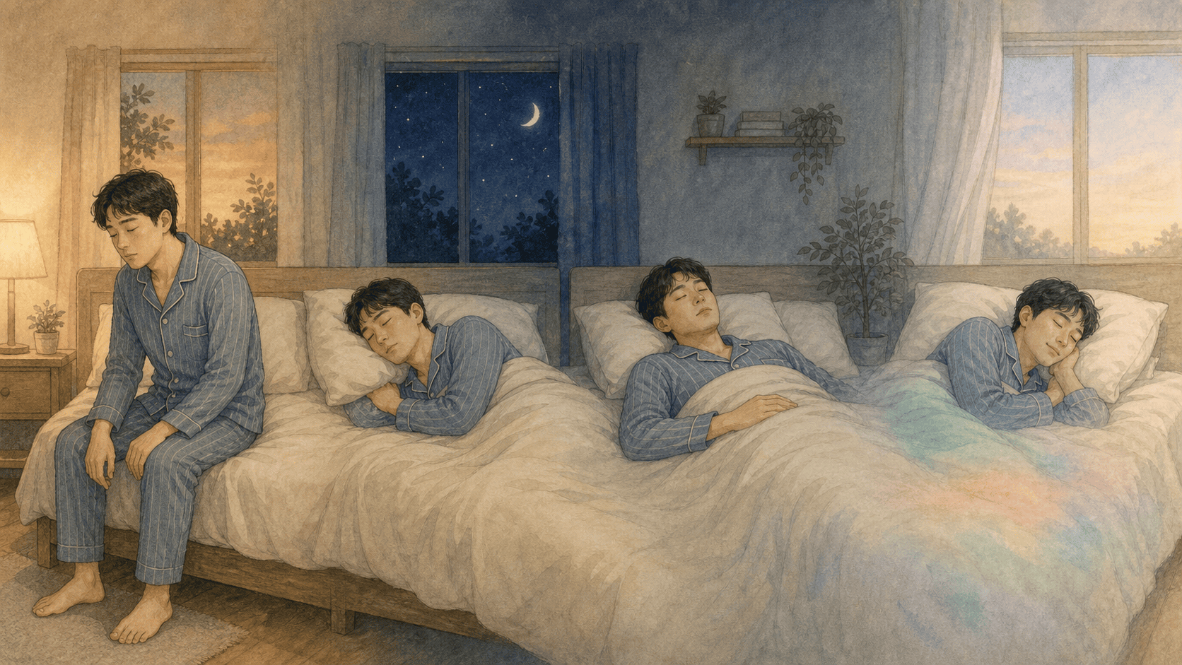 같은 사람이 잠들기 시작해 깊은 잠과 렘수면을 거치는 흐름을 네 장면으로 나타낸 2D 일러스트