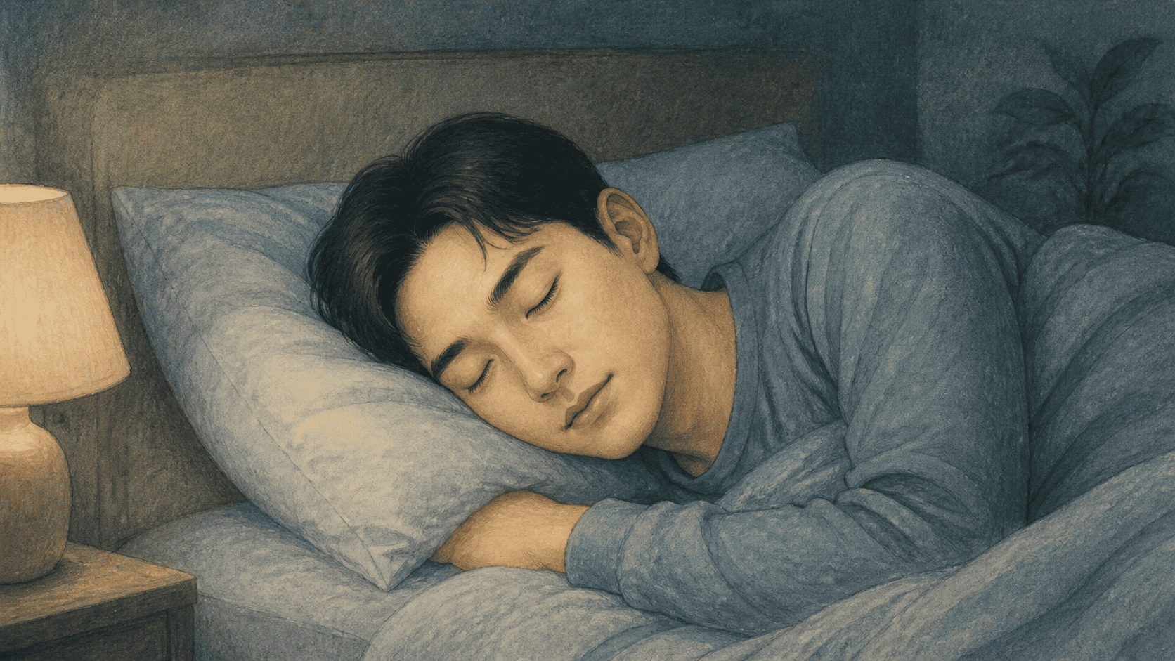 잠든 사람 옆의 단순한 뇌파 화면에 느린 큰 파형이 보이는 그림