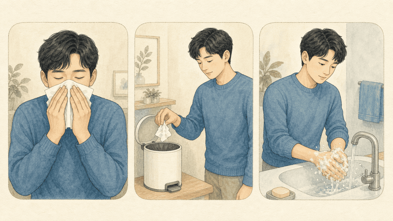휴지로 코와 입을 가리고 손을 씻는 모습
