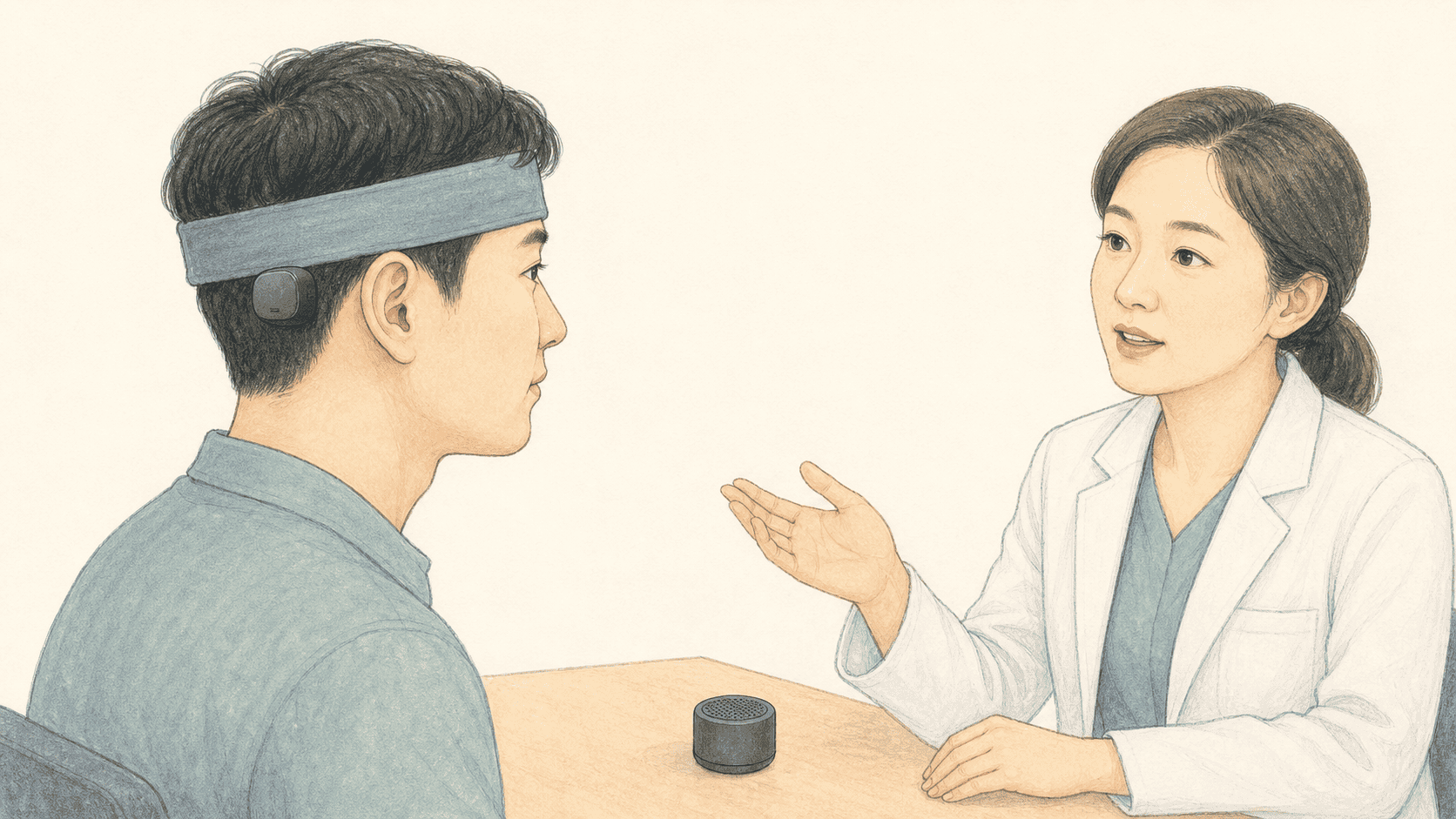 소프트밴드 골도보청기를 착용하고 말소리 반응을 확인하는 모습