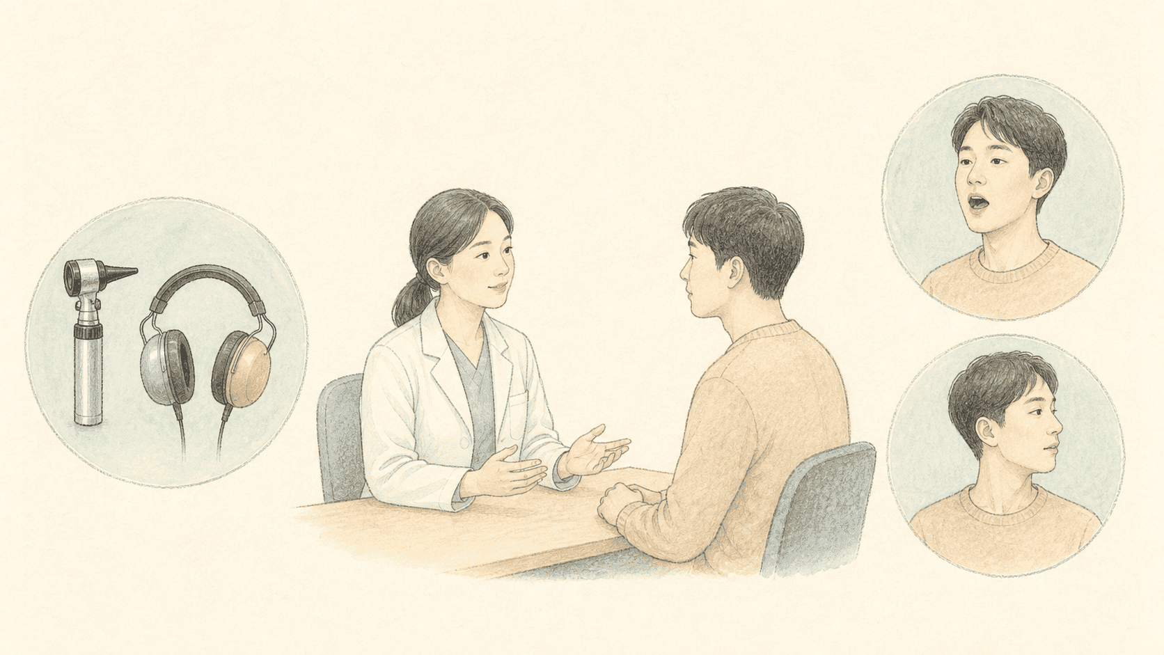 귀와 청력을 확인한 뒤 턱과 목의 움직임을 함께 살피는 진료 장면