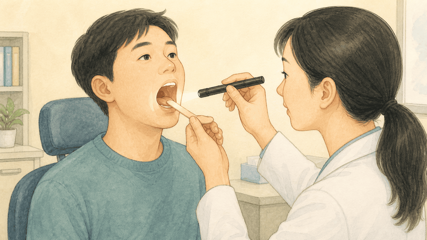 의료진이 환자의 입안과 인두를 살피는 모습