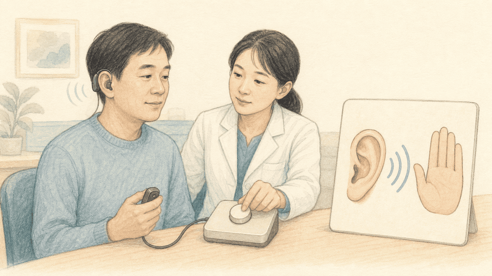 환자와 의료진이 소리발생기의 편안한 음량과 중단 신호를 함께 확인하는 2D 일러스트