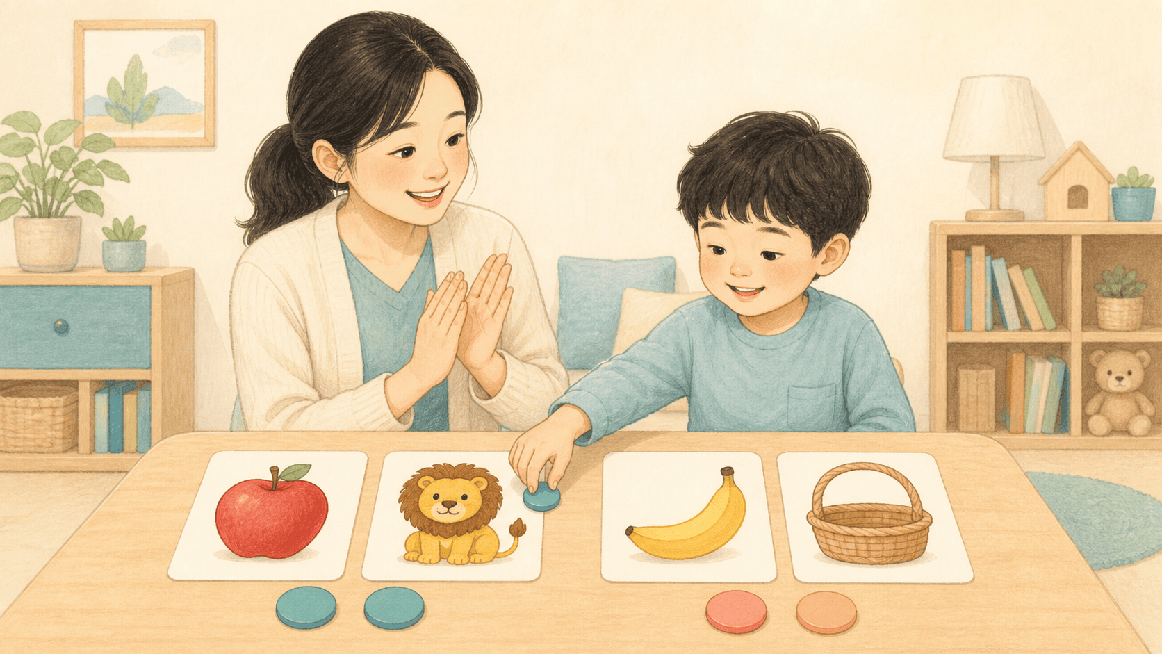 치료사가 손뼉과 색 토큰으로 같은 첫소리나 끝소리를 찾는 활동을 하는 모습