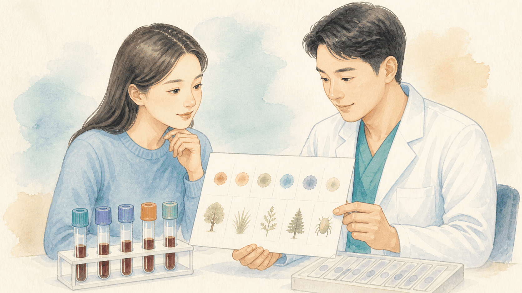 환자와 의료진이 채혈 검사 결과와 계절별 증상 기록을 함께 살펴보는 모습