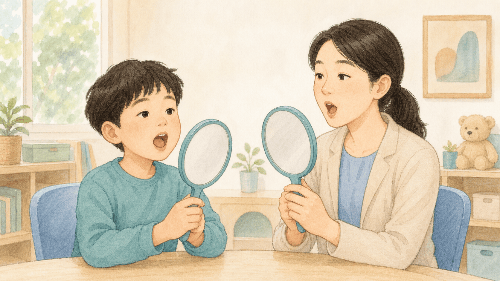 아이와 치료사가 거울을 보며 입술과 혀 및 턱 모양을 관찰하는 모습