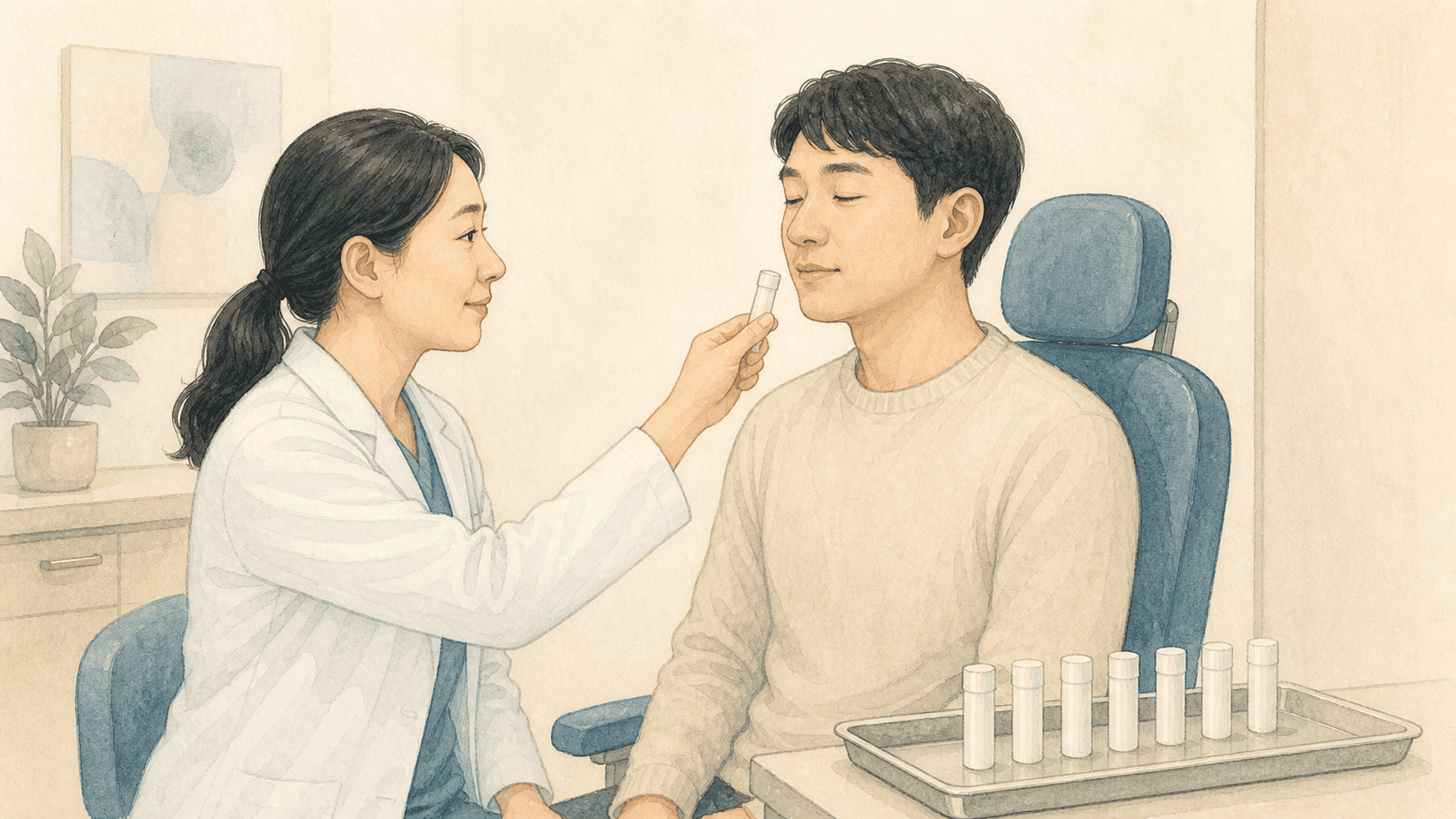 여러 향 용기를 차례로 맡는 표준화 후각검사 장면