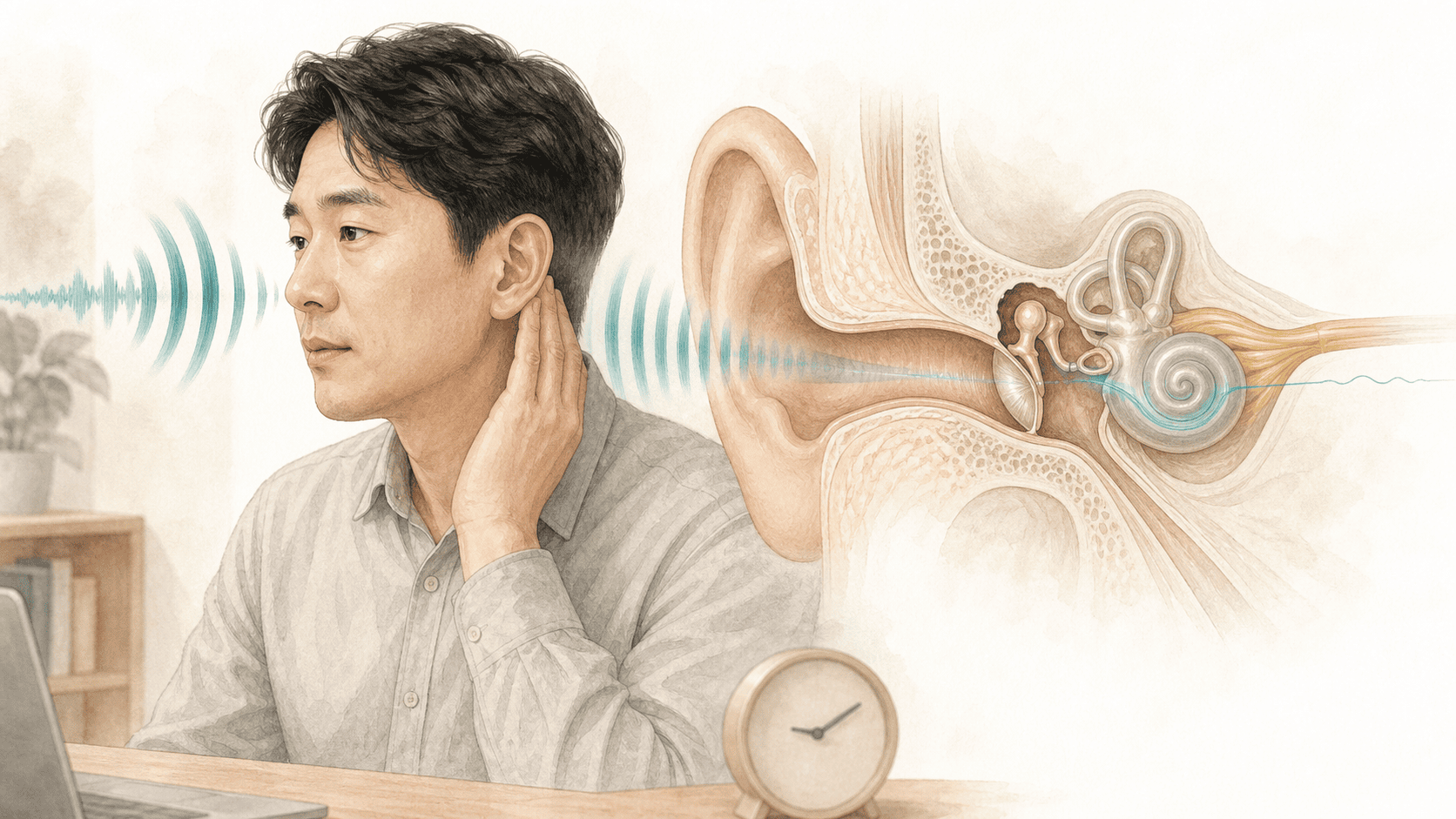 한쪽 귀의 소리가 갑자기 옅어지는 순간과 정상 외이 및 중이 구조를 보여 주는 돌발성 난청 의료 일러스트