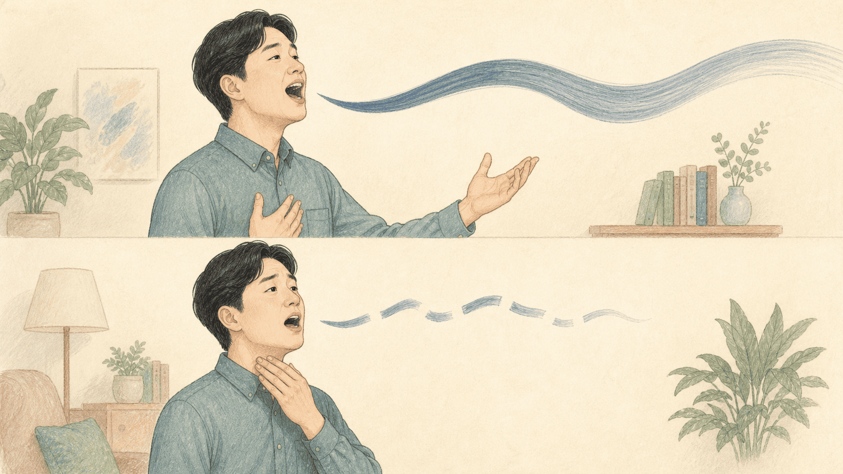 격한 발성 뒤 갑자기 끊긴 목소리