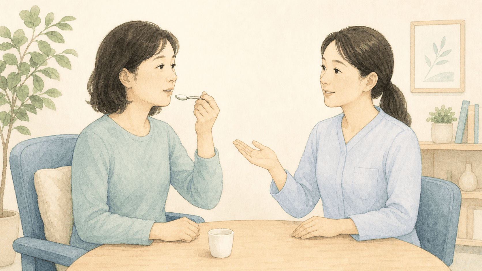 치료사와 앉은 성인이 안전한 자세와 소량 섭취를 연습하는 장면