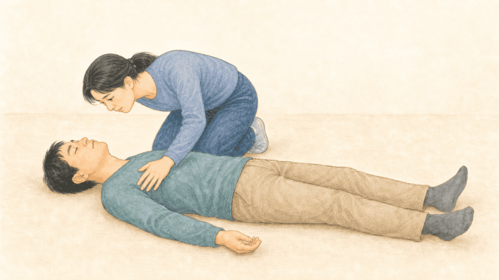 잠깐 의식을 잃어 누운 사람의 반응과 호흡을 확인하는 동행인 그림