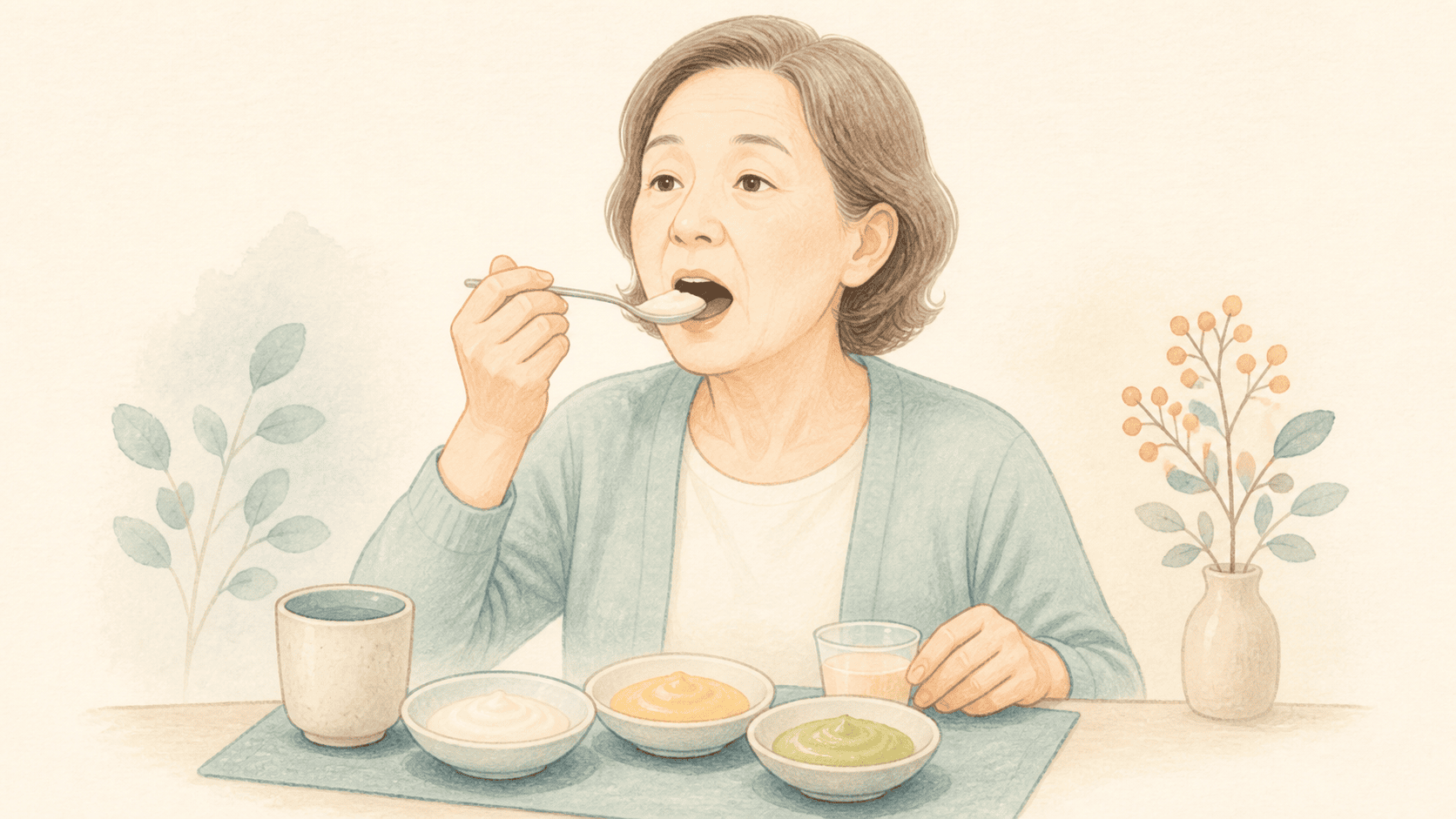 부드러운 음식과 작은 컵을 앞에 두고 삼킴 상태를 살피는 성인 식사 장면