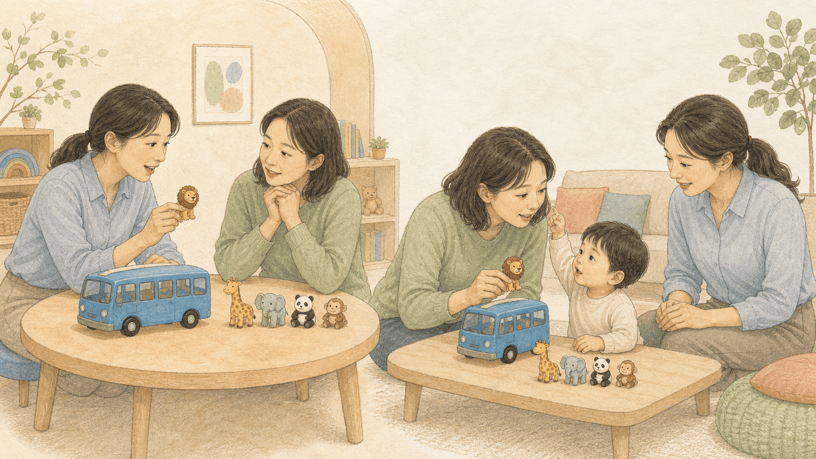 치료사가 보여 준 놀이 방법을 부모가 연습하는 중재 그림