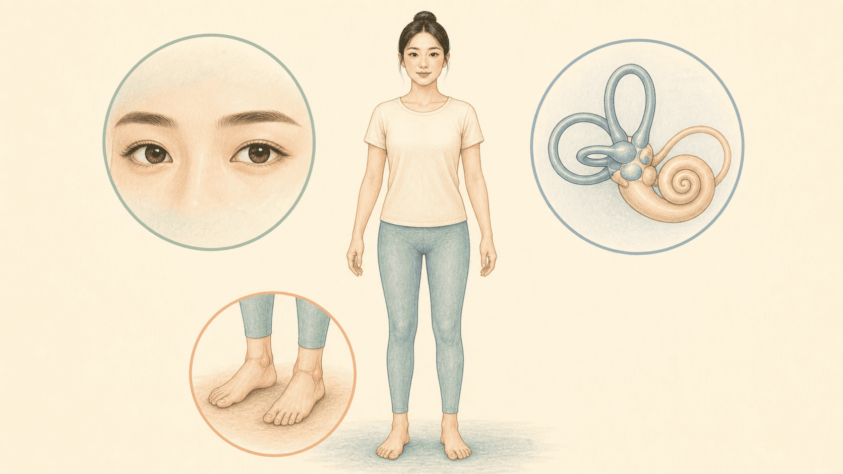 눈과 내이 및 발의 감각을 함께 써서 균형을 잡는 모습