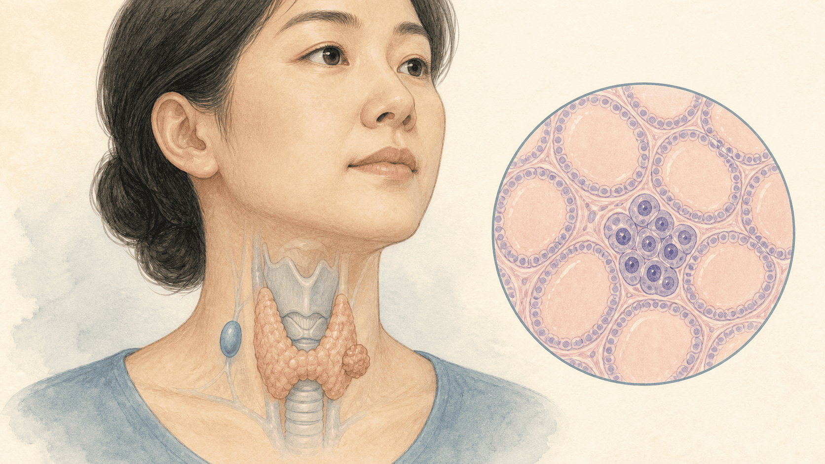 갑상선의 암 병변과 주변 목 림프절, 세포 모습을 보여 주는 그림