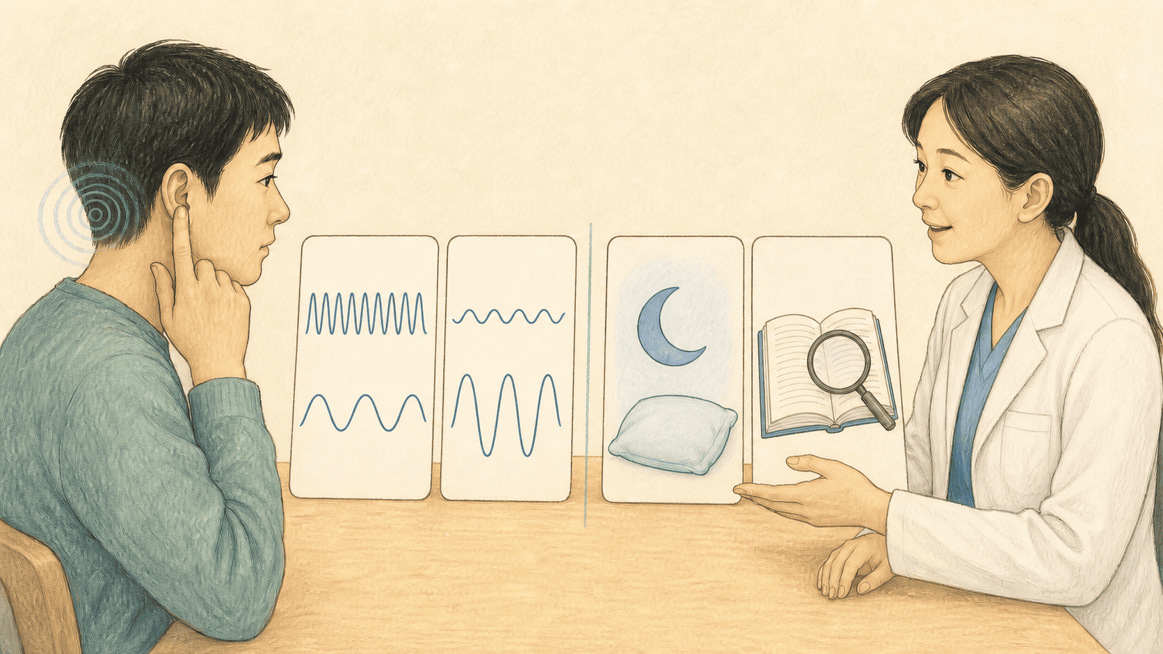 이명 소리의 특성과 수면, 집중 영향을 서로 다른 그림 카드로 확인하는 상담 장면 2D 일러스트