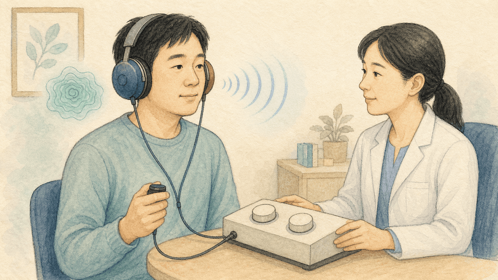환자가 느끼는 이명과 외부 검사음을 비교하는 이명도검사 2D 일러스트