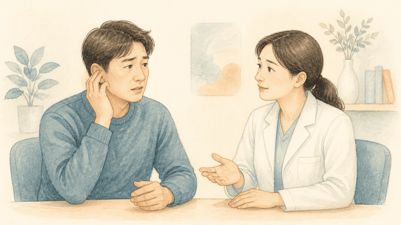 이명으로 인한 생활 영향을 상담하는 성인과 치료 제공자