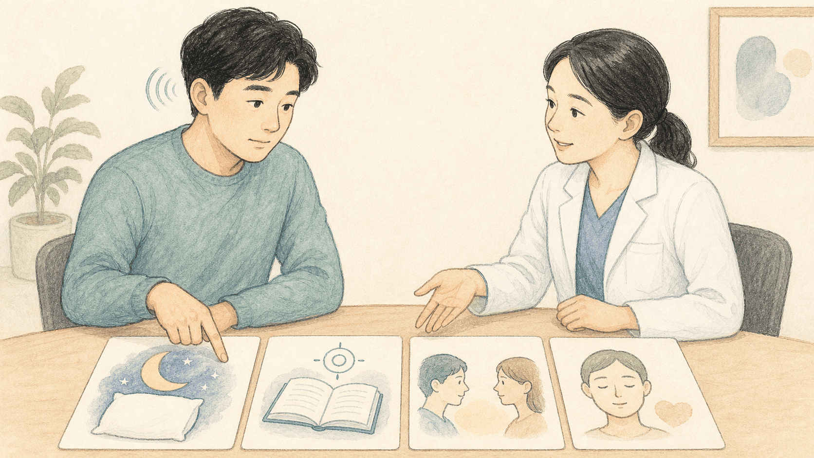 이명 설문 그림 카드를 보며 수면, 집중, 대화와 정서 영향을 확인하는 진료 장면 2D 일러스트