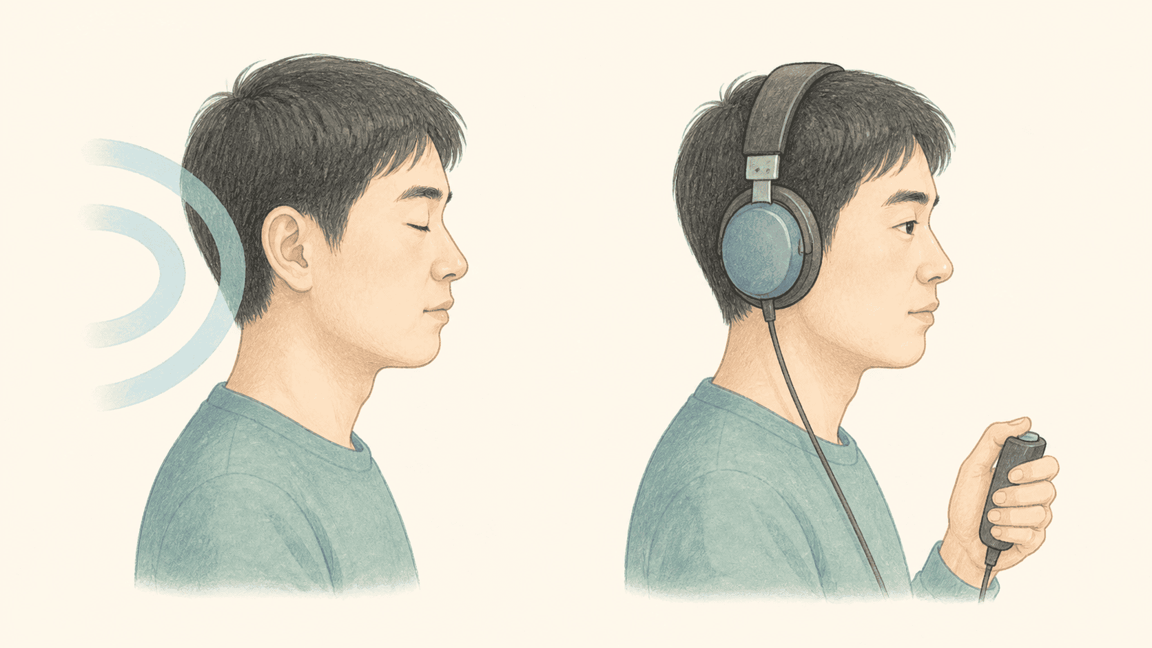 낮게 울리는 이명 느낌과 이어폰 청력검사를 서로 나눠 보여 주는 그림