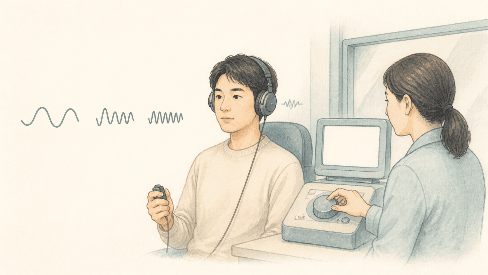 환자가 귀에서 느끼는 이명과 외부 검사음의 높낮이를 비교하는 모습